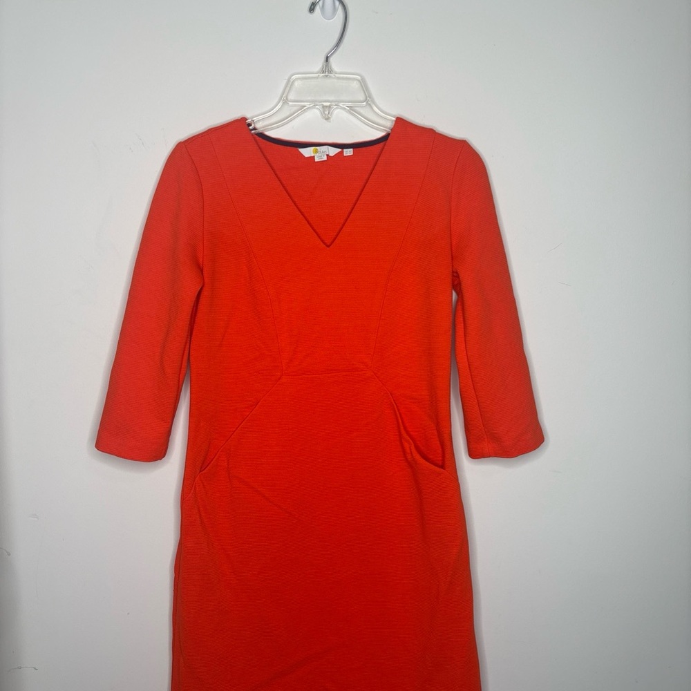 BN6 Boden Women Preppy Orange V-Neck Ribbed Ottoman Pocket Shift Dress 2P
